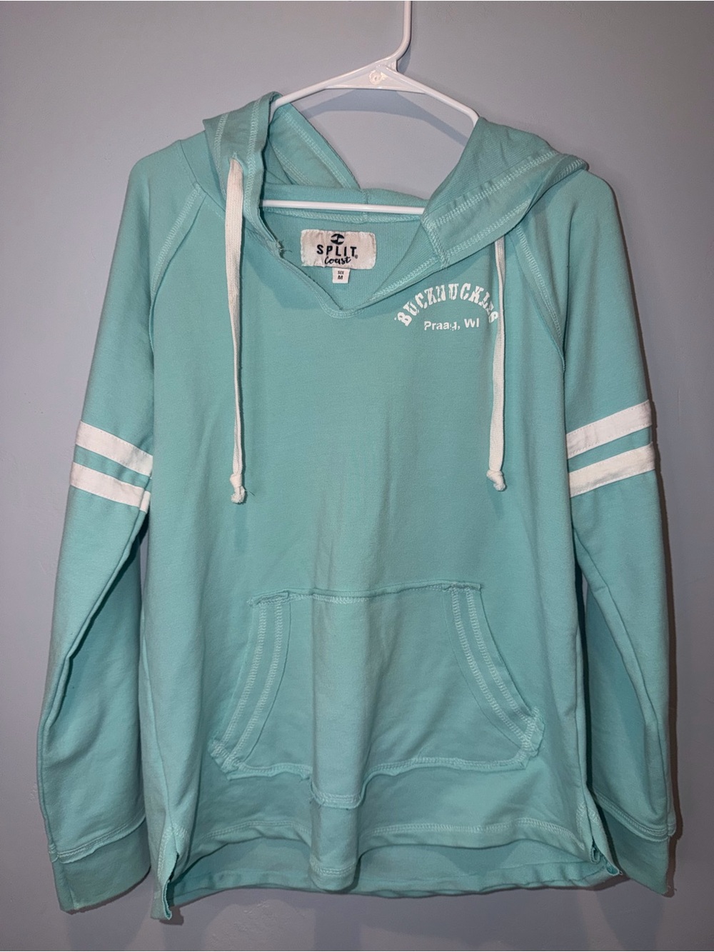 split Aqua Blue Hooded Sweatshirt with White Stripes